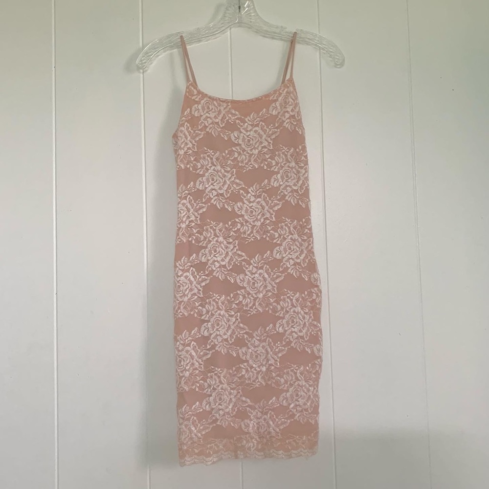Blush pink lace body con dress
